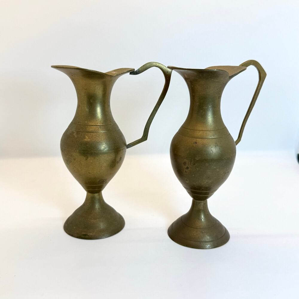 VTG Pair Solid Brass Pitchers Handled Ewers Farmhouse Primitive Decor 5 1/2 Inch
